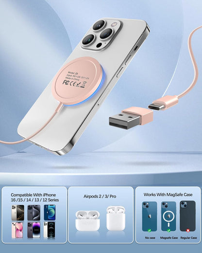 Magnetic Wireless Charger Fast Apple Mag-Safe Charger for iPhone 15 Pro Max/15 Pro/15/15 Plus/14/13/12 Series AirPods 3/2/Pro/Pro 2 LED Magnet Charging Pad with Dual Charging Ports Pink