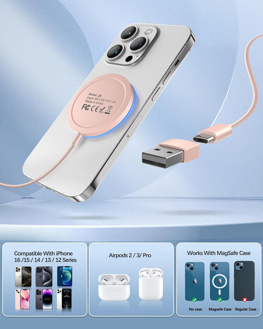 Magnetic Wireless Charger Fast Apple Mag-Safe Charger for iPhone 15 Pro Max/15 Pro/15/15 Plus/14/13/12 Series AirPods 3/2/Pro/Pro 2 LED Magnet Charging Pad with Dual Charging Ports Pink