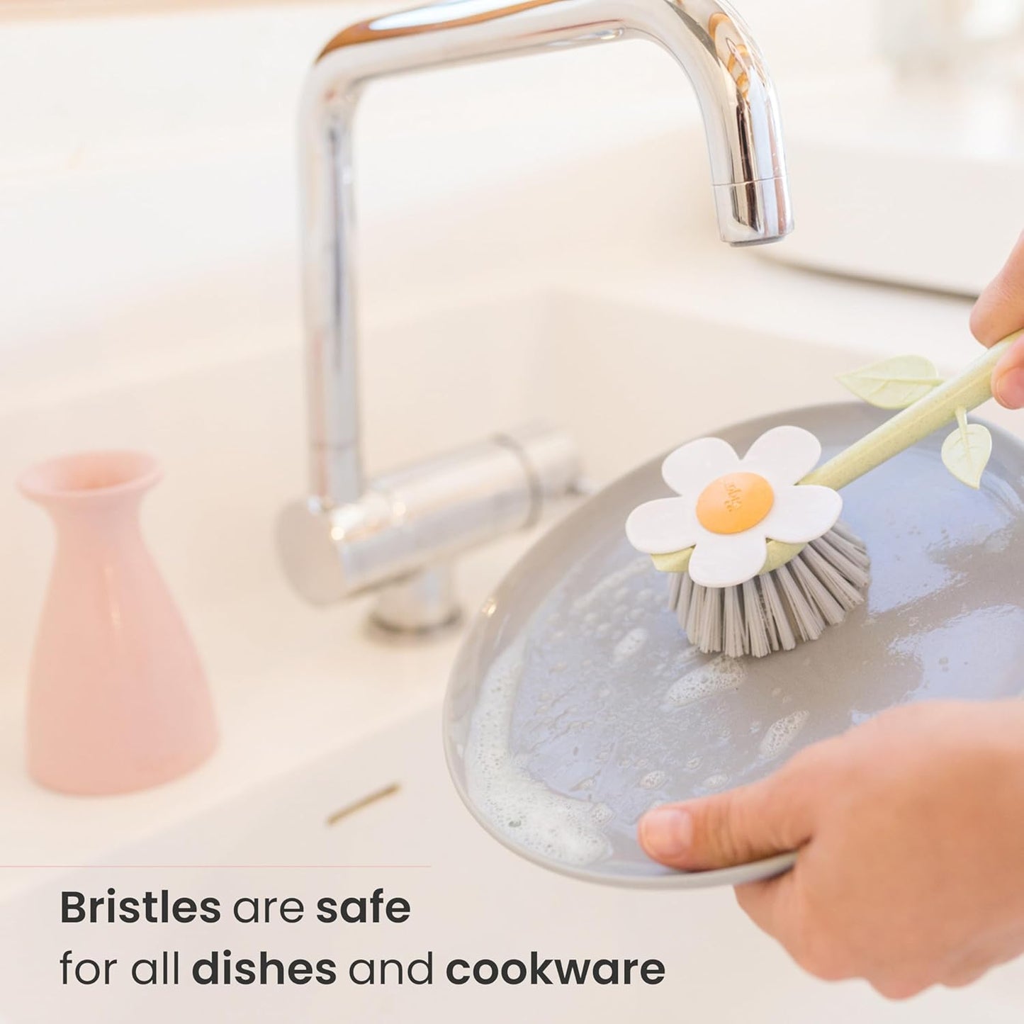 Vigar Florganic Dish Brush with Holder - Dish Scrubber with Handle for Dishes, Kitchen Sink Cleaning Brush, Pot Scrubber, Kitchen Scrub Brush, Dishwashing Brush Tool for Sink Cleaning - Pink