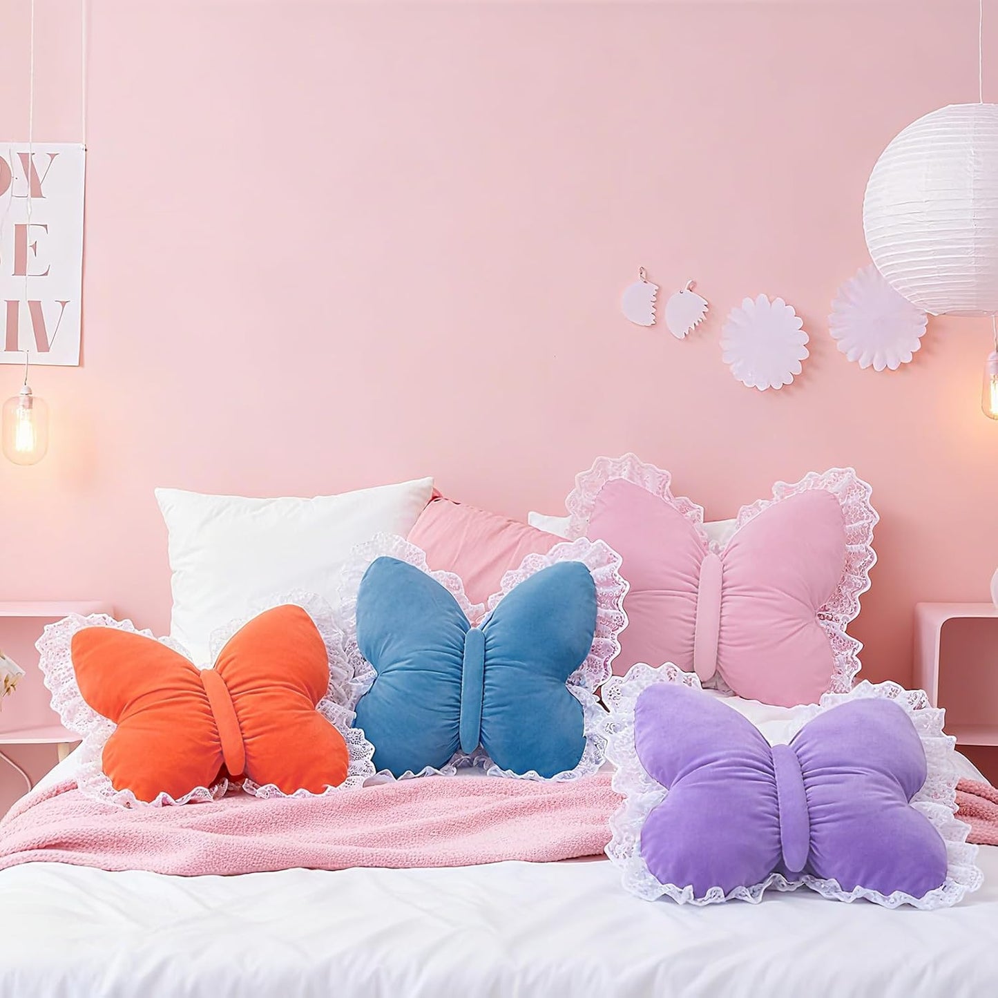 PEACH CAT Butterfly Pillow with Lace Trim Decorative Butterfly Shaped Throw Pillows 16" x 16" Soft Plush Cushion Decor for Bedroom Living Room Sofa Couch Pink