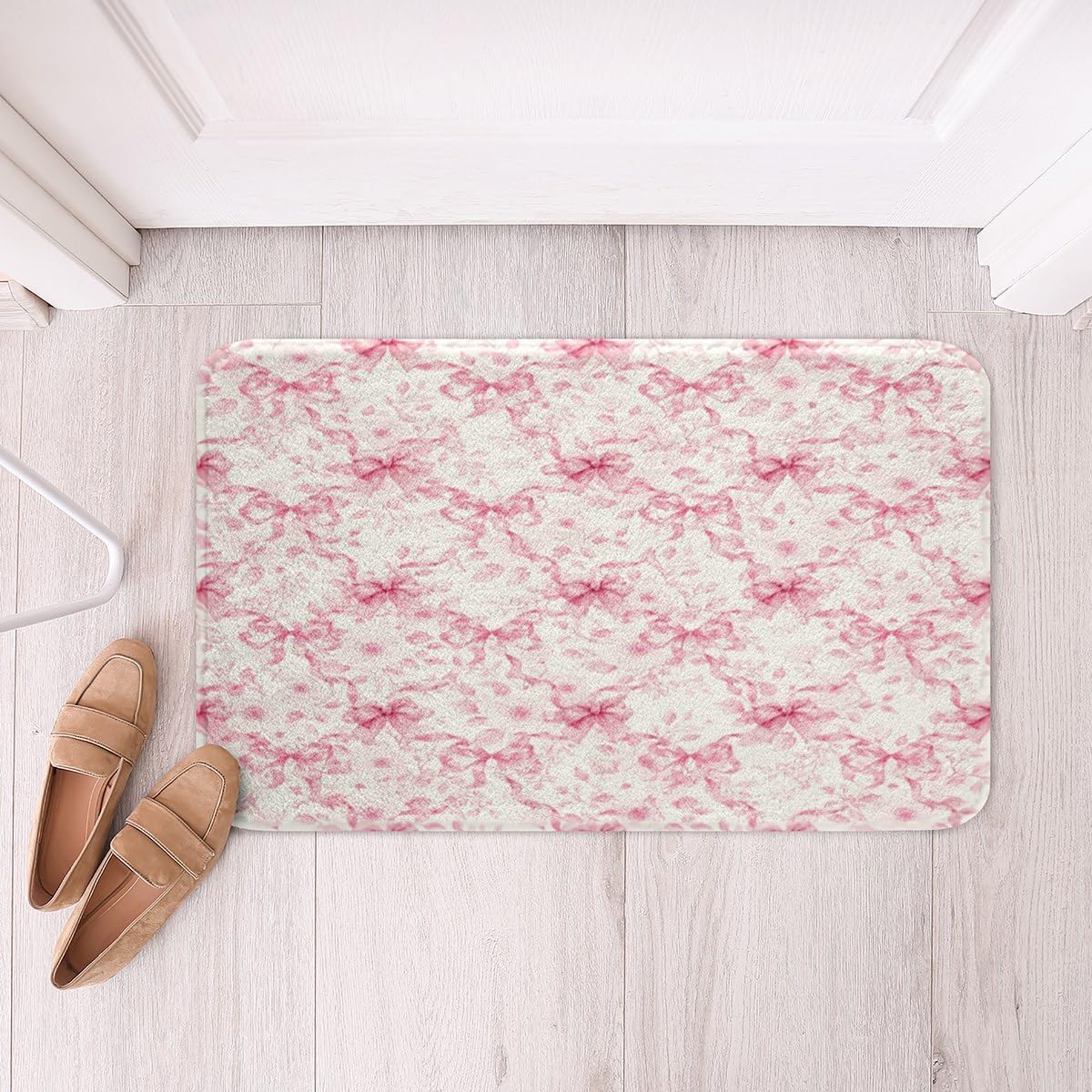 Erosebridal Ribbon Bow Bathroom Rugs 16" x 24" Rose Bath Mat Leaves Cute Princess Flowers Doormat Pink Floral Bowknot Aesthetic