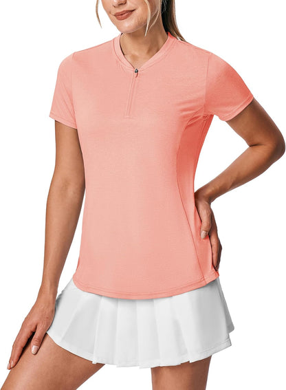 BGOWATU Women's Short Sleeve Golf Tennis Polo Shirts 1/4 Zip Collarless Casual Work Tops Sun Shirt Dry Fit
