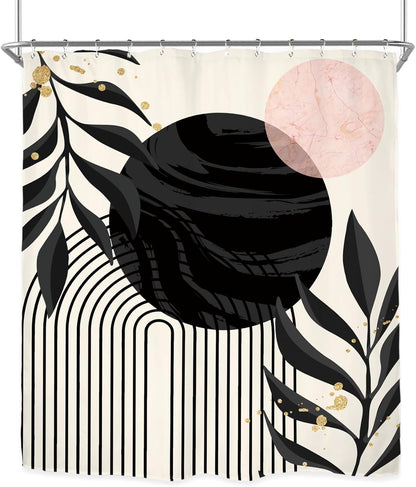 Miyotaa Abstract Modern Shower Curtain Set 60Wx71H Inches Minimalist Aesthetic Black Pink Contemporary Plant Leaves Neutral Polyester Waterproof Cloth Bathroom Curtain with 12 Hooks