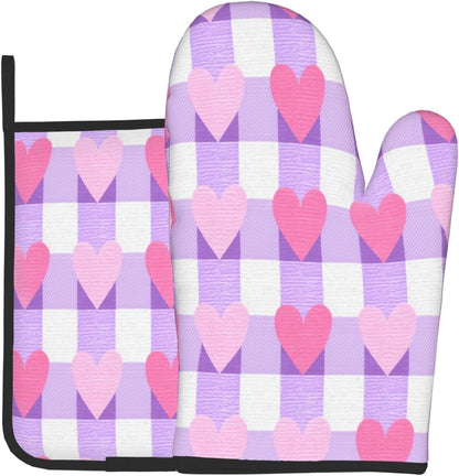 Pink and White Checkered Heart Pattern Oven Mitts and Pot Holders Sets,Heat Resistant Potholder Kitchen Decor for Cooking Baking BBQ, Oven Glove Set