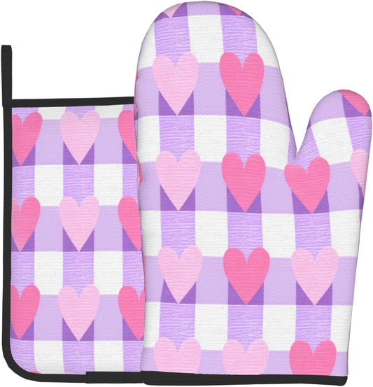 Pink and White Checkered Heart Pattern Oven Mitts and Pot Holders Sets,Heat Resistant Potholder Kitchen Decor for Cooking Baking BBQ, Oven Glove Set