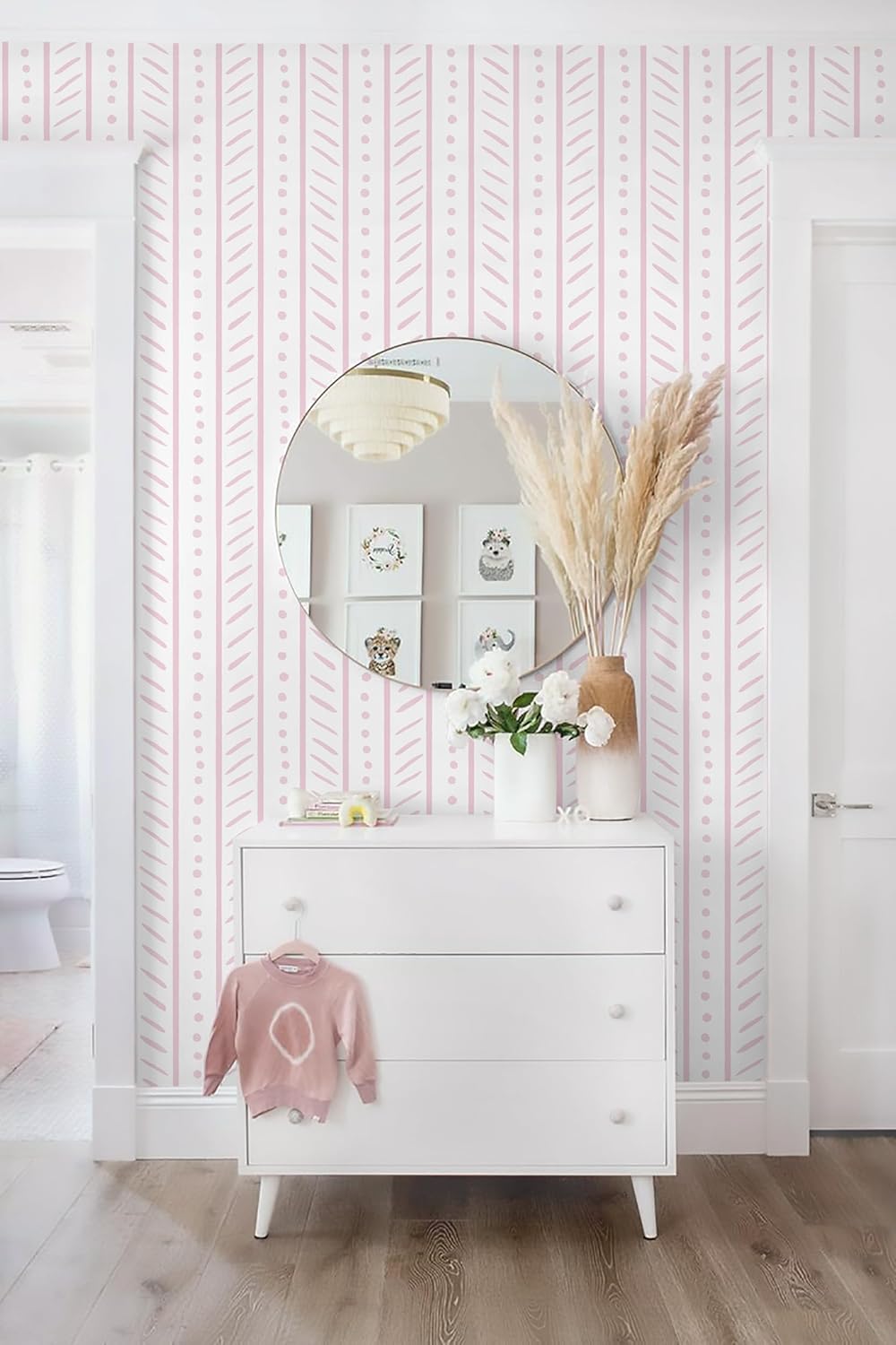 CiCiwind Peel and Stick Wallpaper White and Pink Contact Paper Geometric Striped Wall Paper Modern Dot Removable Self-Adhesive Wallpapers for Bedroom Bathroom Kitchen Cabinets Shelves 78.7"×17.3"
