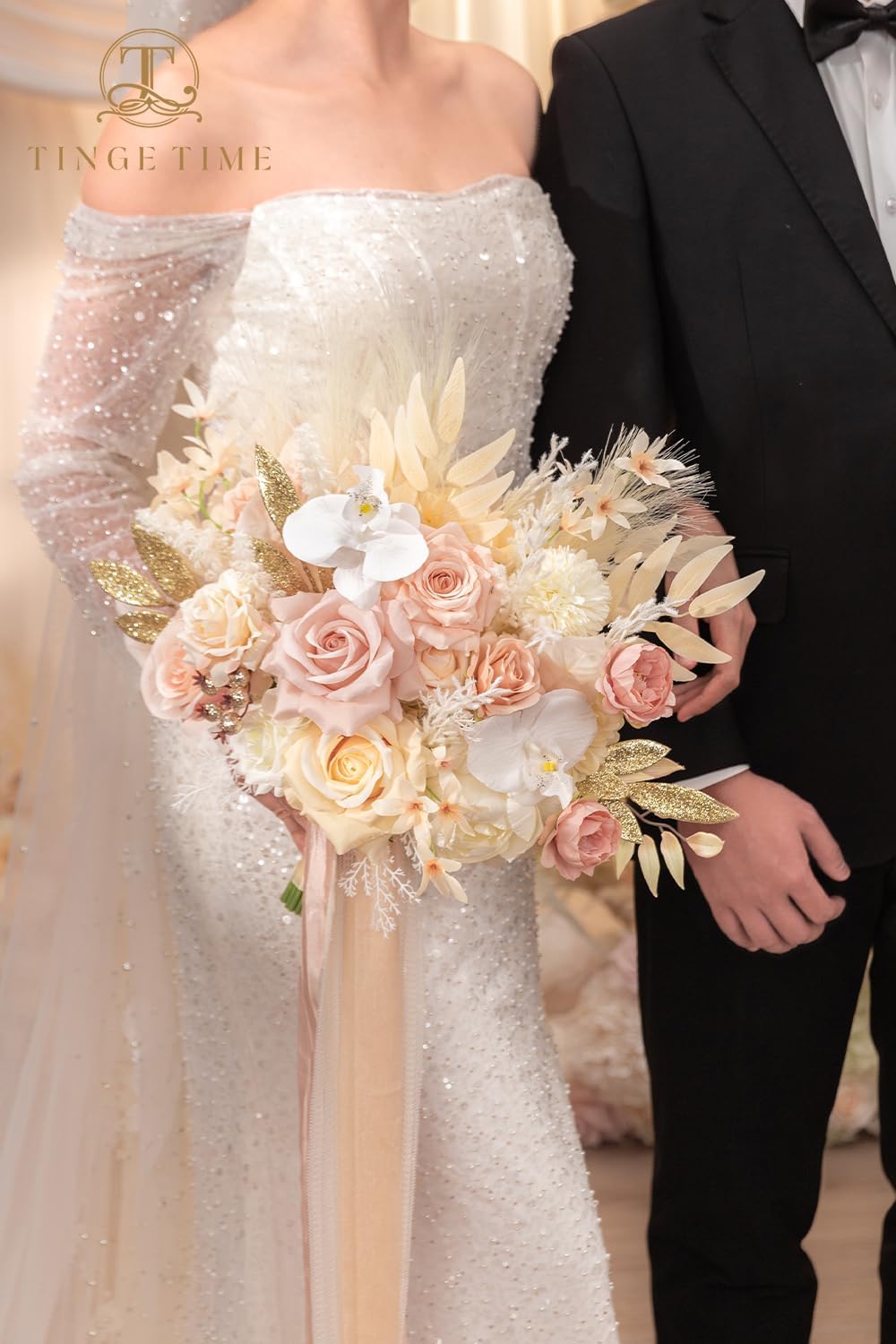 TINGE TIME 13 Inch Artificial Flower Wedding Bouquets for Bride, Cascading Bridal Bouquet for Wedding Bouquet for Wedding Ceremony and Anniversary(Champagne&Pink)