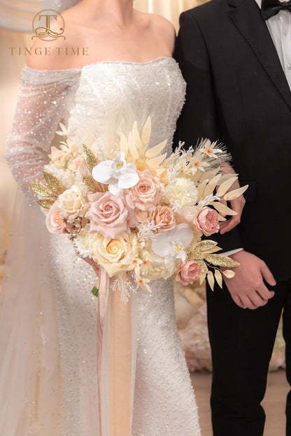TINGE TIME 13 Inch Artificial Flower Wedding Bouquets for Bride, Cascading Bridal Bouquet for Wedding Bouquet for Wedding Ceremony and Anniversary(Champagne&Pink)