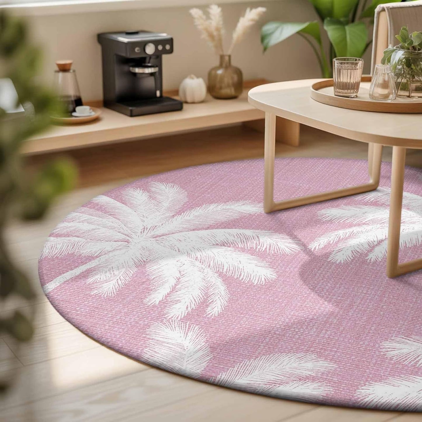 Round Area Rugs 4Ft, Peach Pink Palm Tree Non-Slip Washable Circle Rugs Carpet, Summer Botancial Tropical Farmhouse Indoor Outdoor Rug Floor Mats Throw Runner for Bedroom Living Room Bathroom