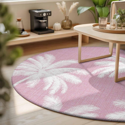 Round Area Rugs 4Ft, Peach Pink Palm Tree Non-Slip Washable Circle Rugs Carpet, Summer Botancial Tropical Farmhouse Indoor Outdoor Rug Floor Mats Throw Runner for Bedroom Living Room Bathroom