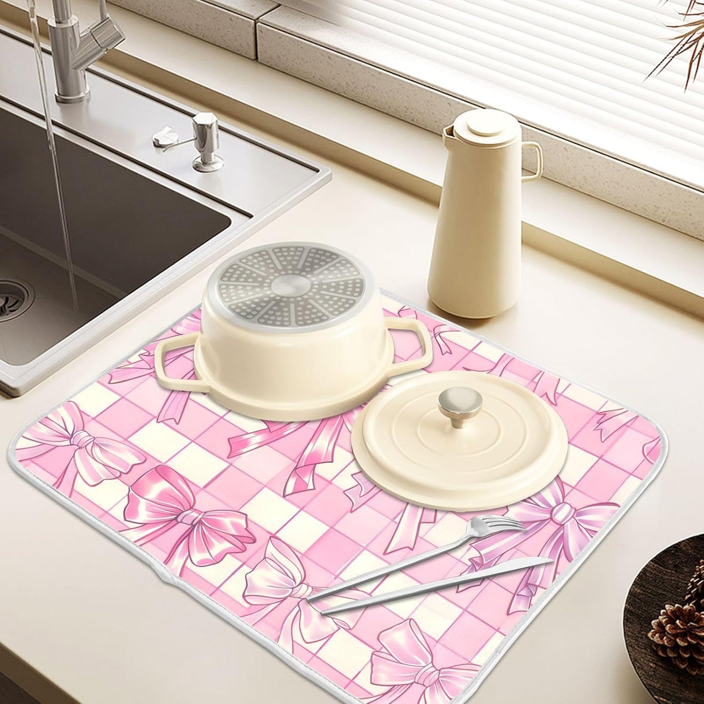 Pink Bow Dish Drying Mat, Absorbent Microfiber Kitchen Counter Mat, Dish Drying Pad for Dishes, 16"x18"
