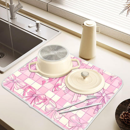 Pink Bow Dish Drying Mat, Absorbent Microfiber Kitchen Counter Mat, Dish Drying Pad for Dishes, 16"x18"