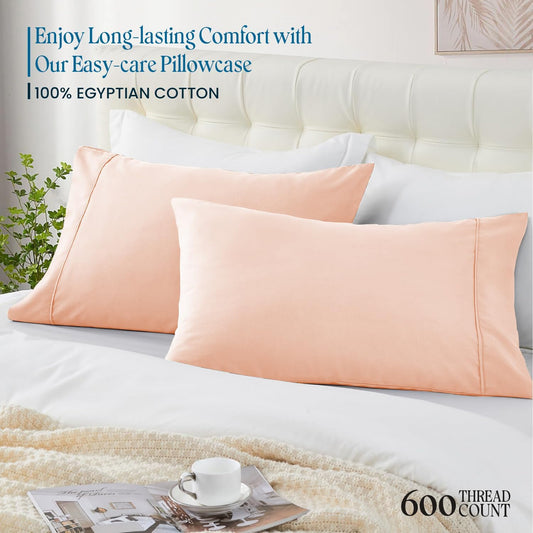 Standard 20"x26" Pillow Cases - 2 Pack - Envelope Closure 600 Thread Count Egyptian Cotton Pillow Case Breathable & Skin-Friendly Peach Solid