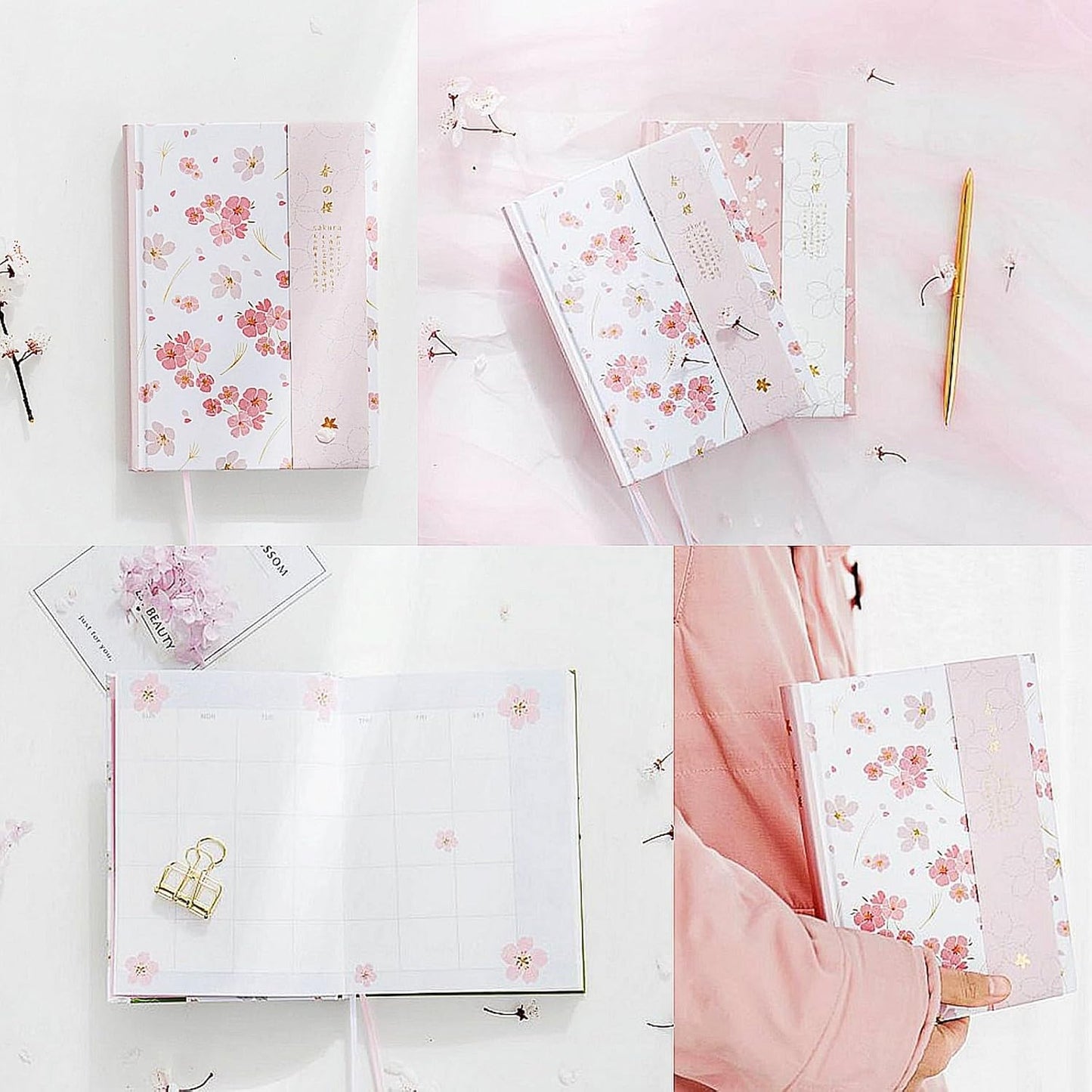 A5 Pink Hardcover Notebook Journal,Sakura Grid Diary Book Premium Paper 5.1X 7 in,226 Pages,Horizontal Line Journal for Women Girls Students Work Home School