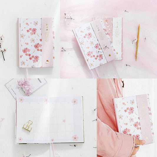 A5 Pink Hardcover Notebook Journal,Sakura Grid Diary Book Premium Paper 5.1X 7 in,226 Pages,Horizontal Line Journal for Women Girls Students Work Home School