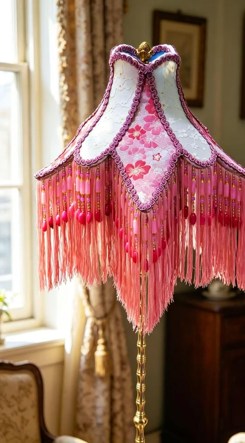 Shabby Chic Victorian Floor Lamp, Pink Cherry Floral Embroidered Lampshade with Tassel Fringe, Brass Stand, Beho Retro Style Living Room Lighting