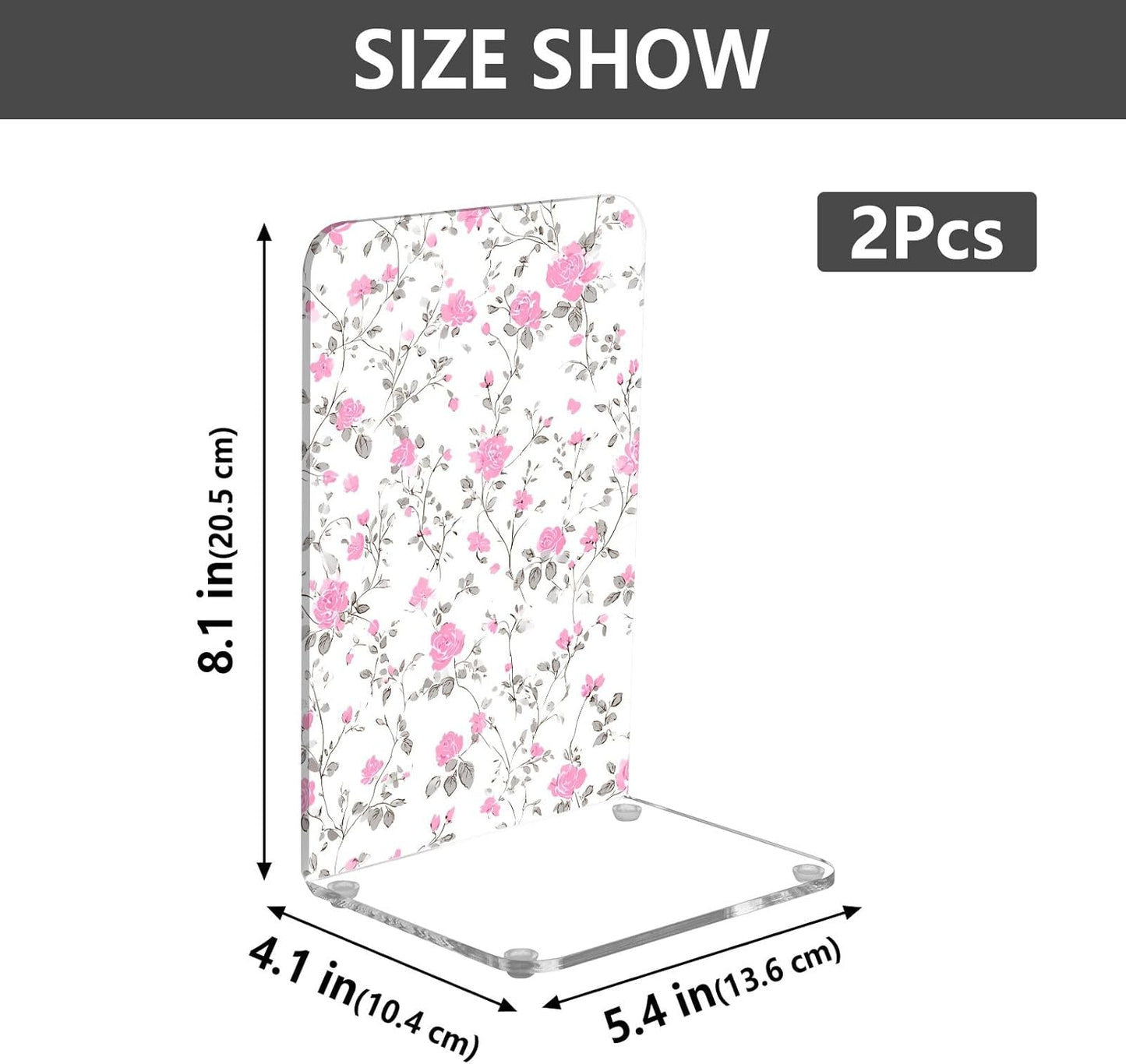 Light Pink Floral Small Bookends Book Ends for Shelves Heavy Books Stopper Decorative Acrylic Non-Slip 1 Pair