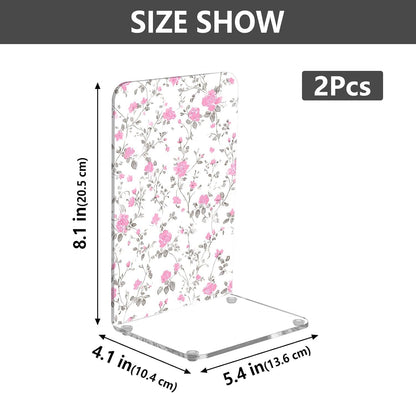 Light Pink Floral Small Bookends Book Ends for Shelves Heavy Books Stopper Decorative Acrylic Non-Slip 1 Pair