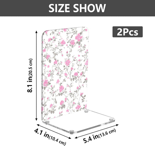 Light Pink Floral Small Bookends Book Ends for Shelves Heavy Books Stopper Decorative Acrylic Non-Slip 1 Pair