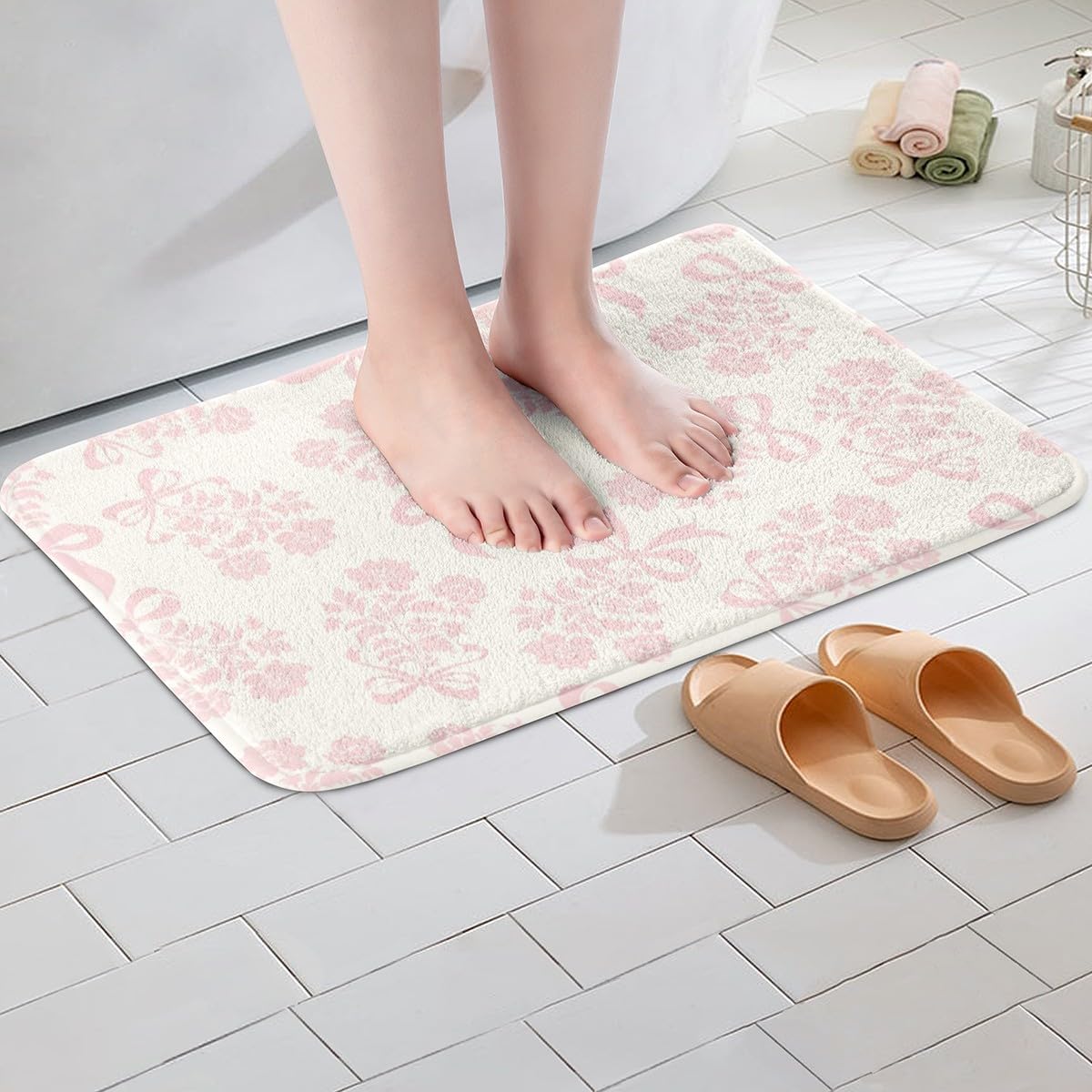 Erosebridal Bowknot Bathroom Rugs 16" x 24" Peony Bath Mat Princess Fashion Bow Doormat Pink Flowers Cute Bow Tie