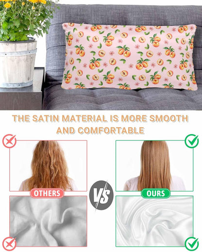 Peaches Pink Satin Pillowcase for Hair and Skin with Zipper, Soft Breathable Cooling Silk Pillow Cases, Summer Fruit Country Flowers Watercolor Throw Pillow Covers King Size 20''x40''