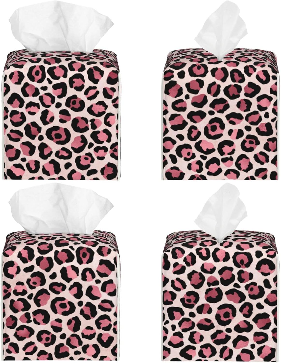 White Pink Leopard Print Tissue Box Cover Square Modern Decorative Tissue Box Holder, Cute Leather Box Cover Car Tissue Holder for Bathroom, Night Stands, Desk, Office Decor