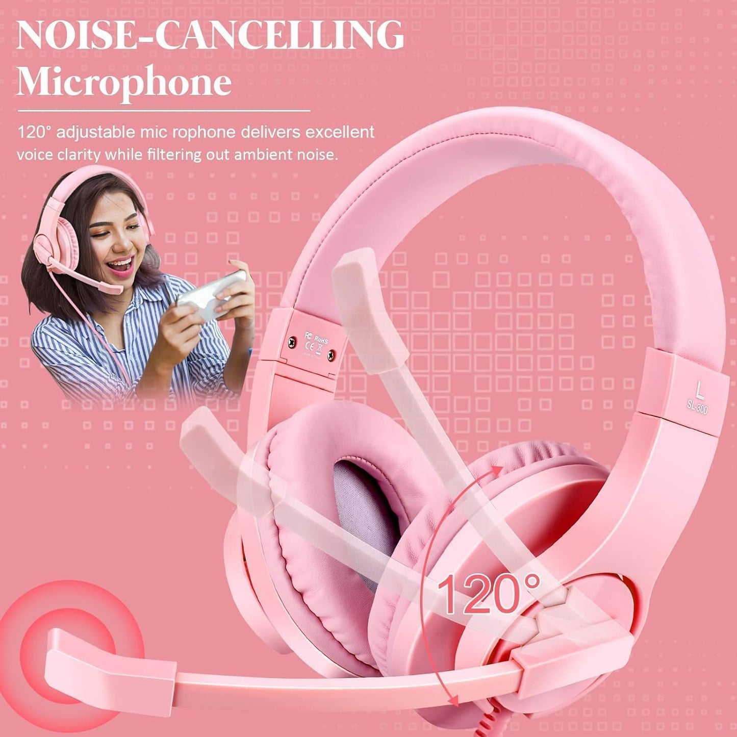 Gaming Headset for Xbox One, PS4, PS5, Nintendo Switch, Bass Surround and Noise Cancelling 3.5mm Over Ear Headphones with Mic for Laptop PC Smartphones, Pink