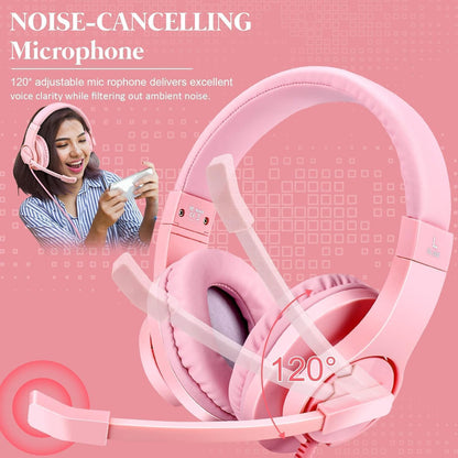 Gaming Headset for Xbox One, PS4, PS5, Nintendo Switch, Bass Surround and Noise Cancelling 3.5mm Over Ear Headphones with Mic for Laptop PC Smartphones, Pink