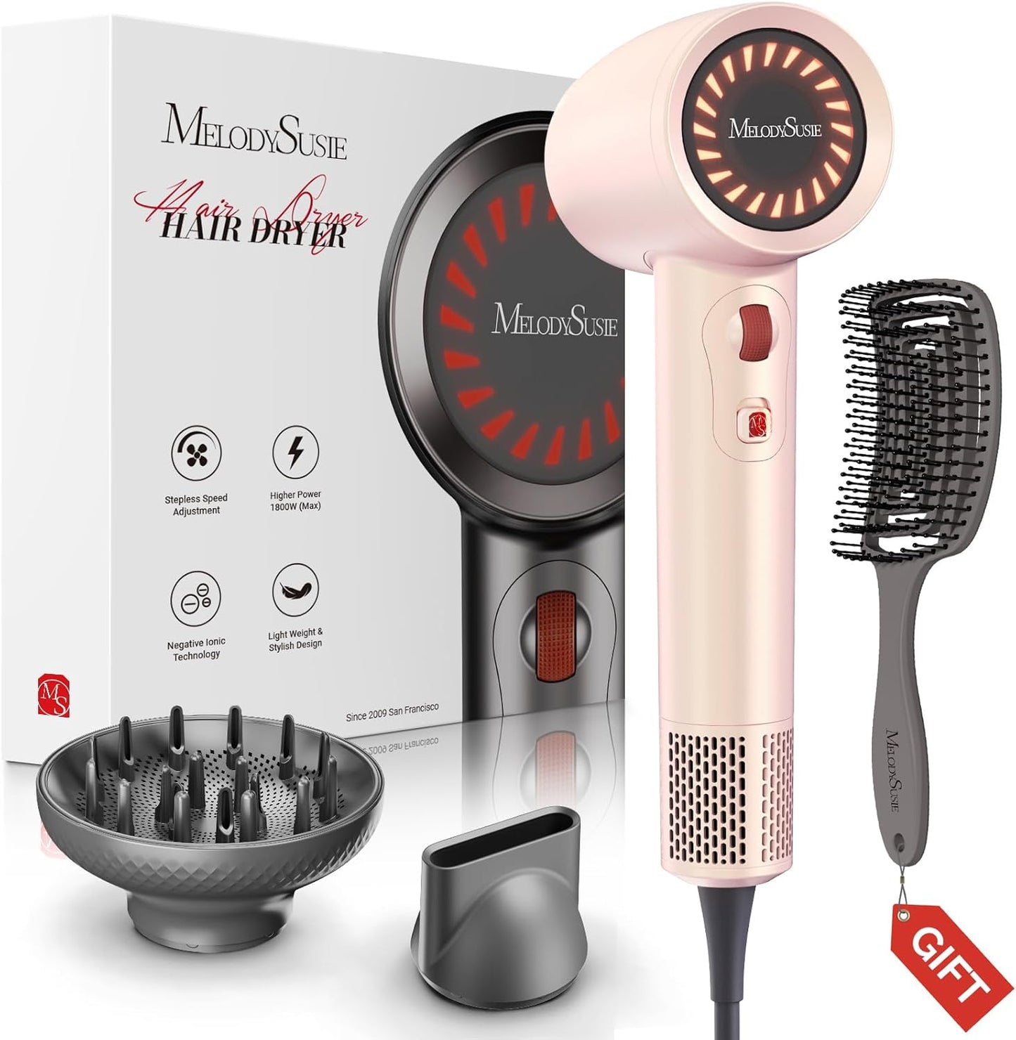 MelodySusie Hair Dryer with Diffuser,1600W Fast Drying Low Noise Ionic Hair Dryer for Curly Hair with Diffuser,Nozzle and Hair Brush,120,000 RPM Blow Dryer Ideal for Women,Light Pink