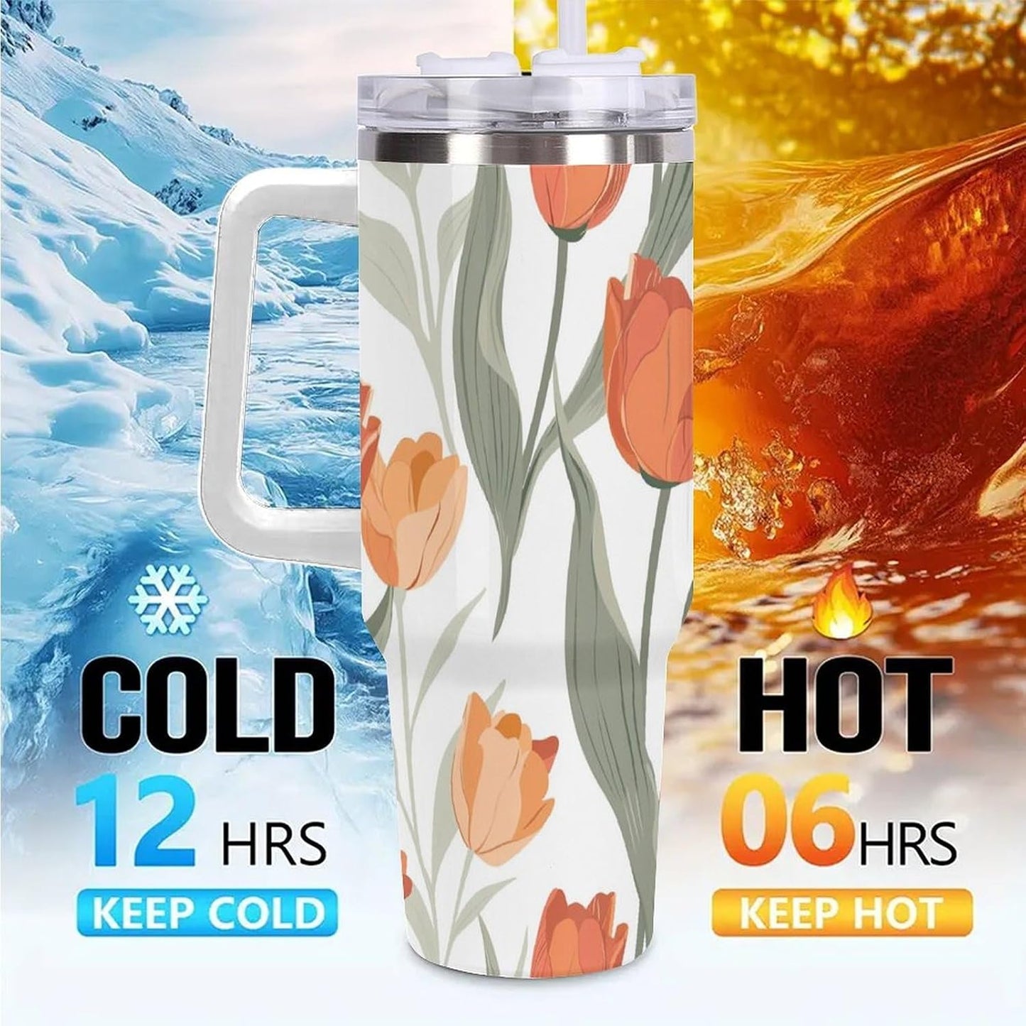 40oz Tumbler with Handle, Peach Orange Tulip Leaf Pattern Printed Stainless Steel Travel Mug, Insulated Car Cup with Straw, Keeps Drinks Hot & Cold, Personalized Gift for Women & Men
