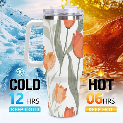 40oz Tumbler with Handle, Peach Orange Tulip Leaf Pattern Printed Stainless Steel Travel Mug, Insulated Car Cup with Straw, Keeps Drinks Hot & Cold, Personalized Gift for Women & Men