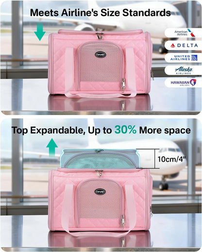 Cat Carrier Airline Approved 17x11x9.5 Inches, Top Expandable Soft Sided Pet Travel Carrier for Cats & Small Dogs, Fits Under Airline Seat with Locking Zippers, Pink