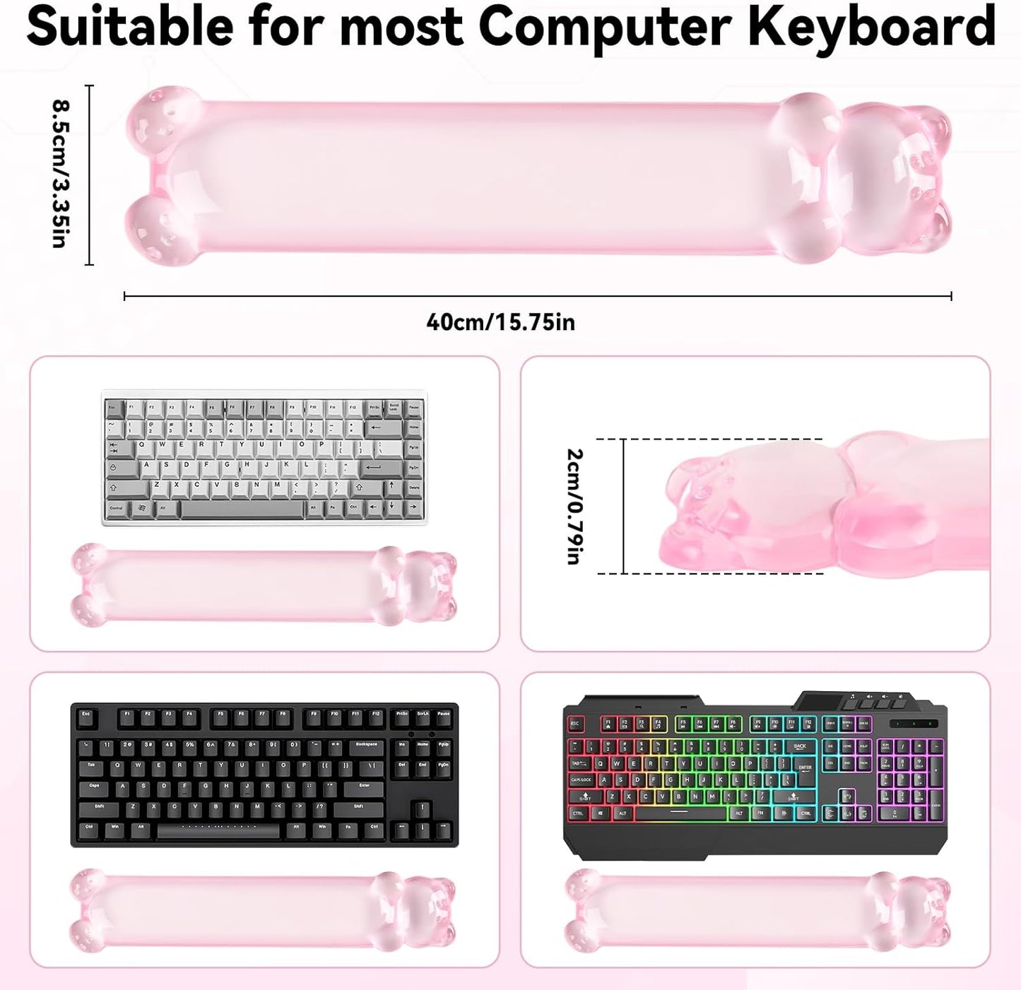 Clear Gel Keyboard Wrist Rest, Bear-Shape Wrist Rest, Ergonomic Wrist Rest for Computer Keyboard 60%/75% (Pink)