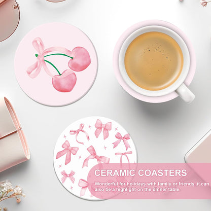 FYSUIMU 4Pcs Pink Bow Coasters Cute Coquette Bowknots Ceramic Drink Coasters Absorbent Bow Cherries Cup Mat for Mother's Day Valentines Baby Shower Birthday Home Kitchen Office Party Table Decor