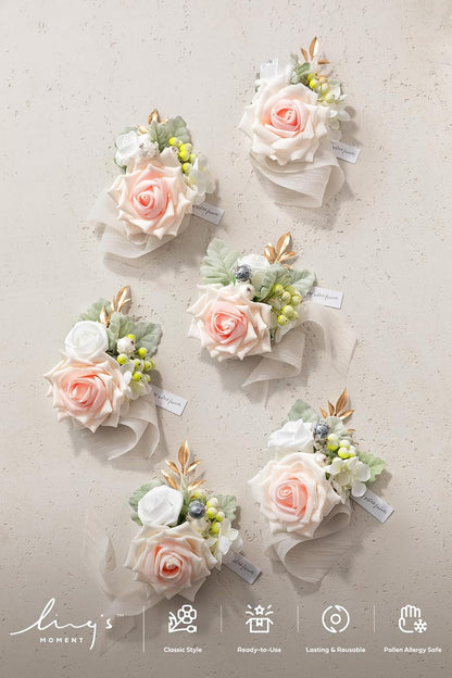 Ling's moment 6pcs Wedding Wrist Corsage Artificial Flowers, Girl/Mother Homecoming Prom Corsages Wristlet Décor, etc. Peach Pink