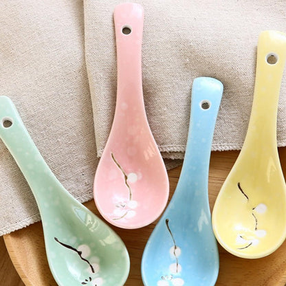 6pcs Japanese Ceramic Porridge Spoons Pink Small Soup Spoons Household Kitchen Utensils for Dining and Restaurant Use
