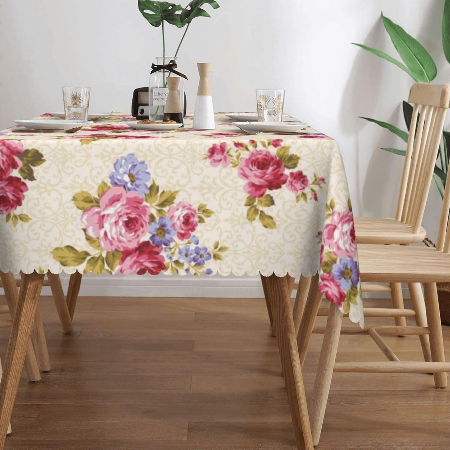 Rose Pattern Tablecloth 54x72 Inches, Pink Floral Rectangular Polyester Table Cover with Wave Lace, Washable Dining Table Cloth for Kitchen, Party, Outdoor