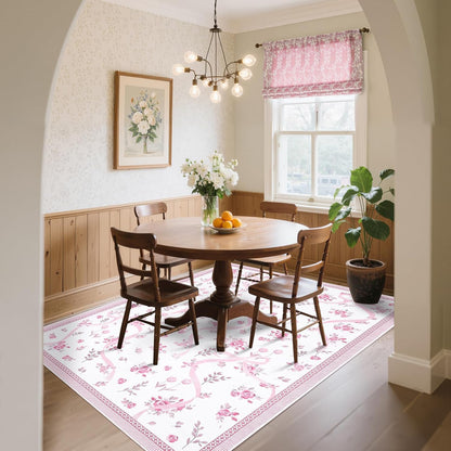 GarveeHome Pink and White Bow Rugs for Bedroom Girls, Washable Rug 5x7 for Living Room with Soft Low Pile, Floral 5x7 Pink Area Rugs for Dining Room Nursery Playroom Dorm Office Bow Decor