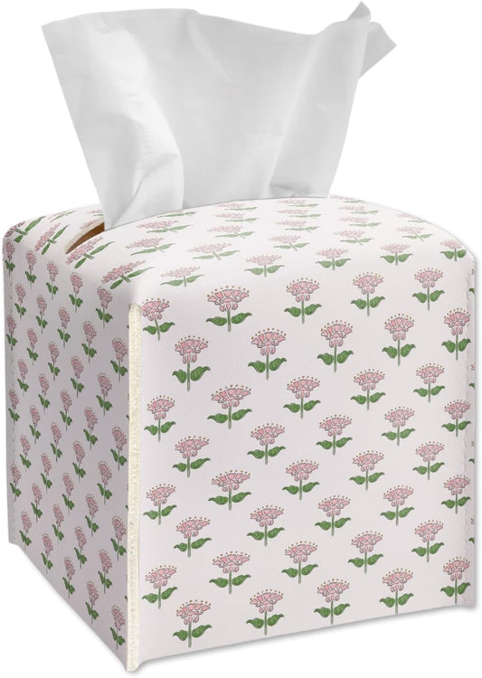 Pink Flowers Tissue Box Cover Square, Leather Tissue Box Holder with Bottom Belt, Facial Paper Organizer for Bathroom Vanity Countertop, Nightstands, Dining Table, Office, Car -26