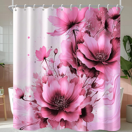 Floral Shower Curtain for Bathroom Pink Flowers Fabric Shower Curtain Set with Hooks Waterproof Machine Washable Marble Curtain 72" Wx72 L