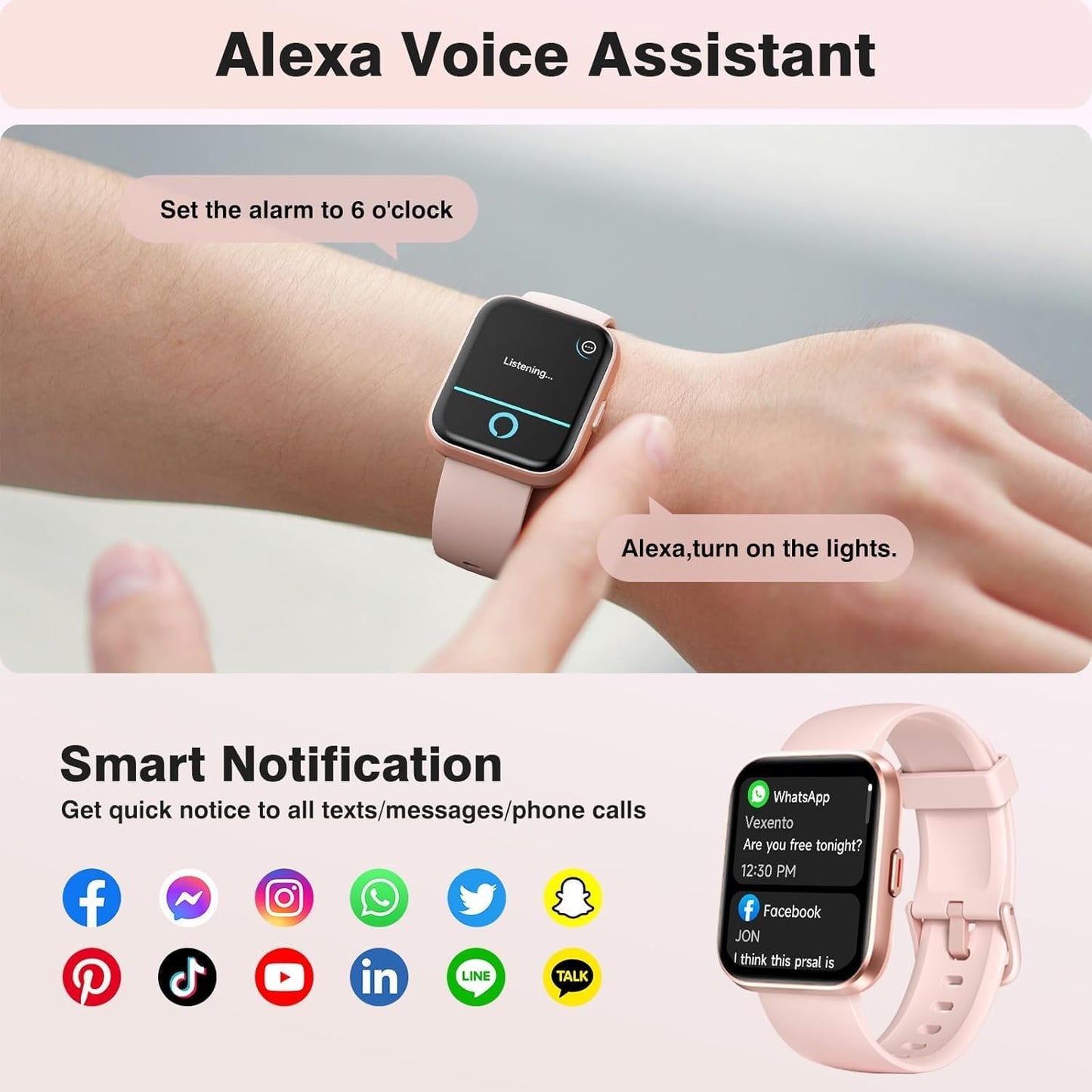 Fitpolo Smart Watches for Women, 1.8'' HD Women Smartwatch with Alexa Built-in, Bluetooth Calls, IP68 Waterproof, 7 Days Battery, Heart Rate/Sleep/SpO2 Monitor, 110 Sports Mode