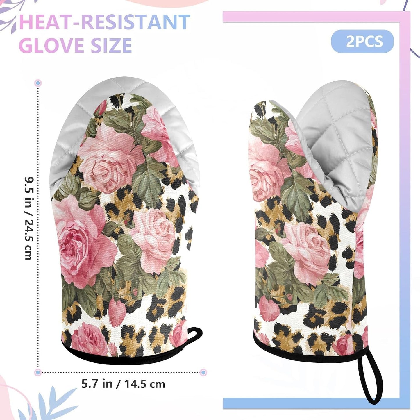 Oven Mitt 2 Pack Set Leopard Print Pink Rose Flowers Kitchen Mitts Gloves for for Cooking Baking Grilling