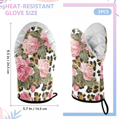 Oven Mitt 2 Pack Set Leopard Print Pink Rose Flowers Kitchen Mitts Gloves for for Cooking Baking Grilling
