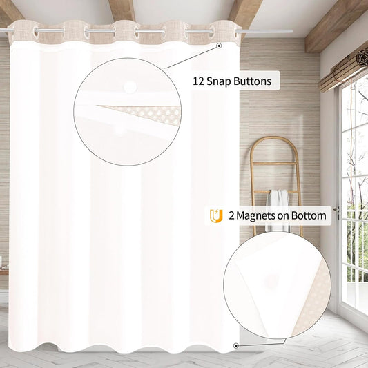 MitoVilla No Hooks Needed Pink Waffle Shower Curtain Liner Set, Modern Waffle Weave Heavy Duty Fabric Cloth Shower Curtain with Snap-in Liner for Luxury Neutral Hotel Spa Bathroom Decor, 72 x 74