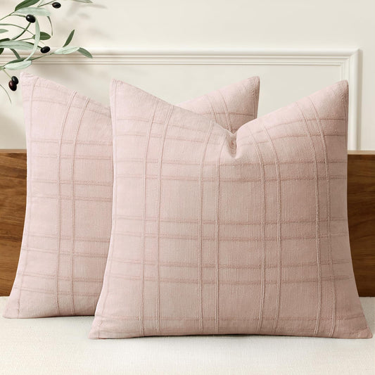 MIULEE Decorative Linen Check Euro Shams Throw Pillow Covers Neutral Farmhouse Vintage Spring Valentine Pillow Covers 22x22 Set of 2 Boho Modern Home Decor for Sofa Couch Bedroom Cushion Light Pink
