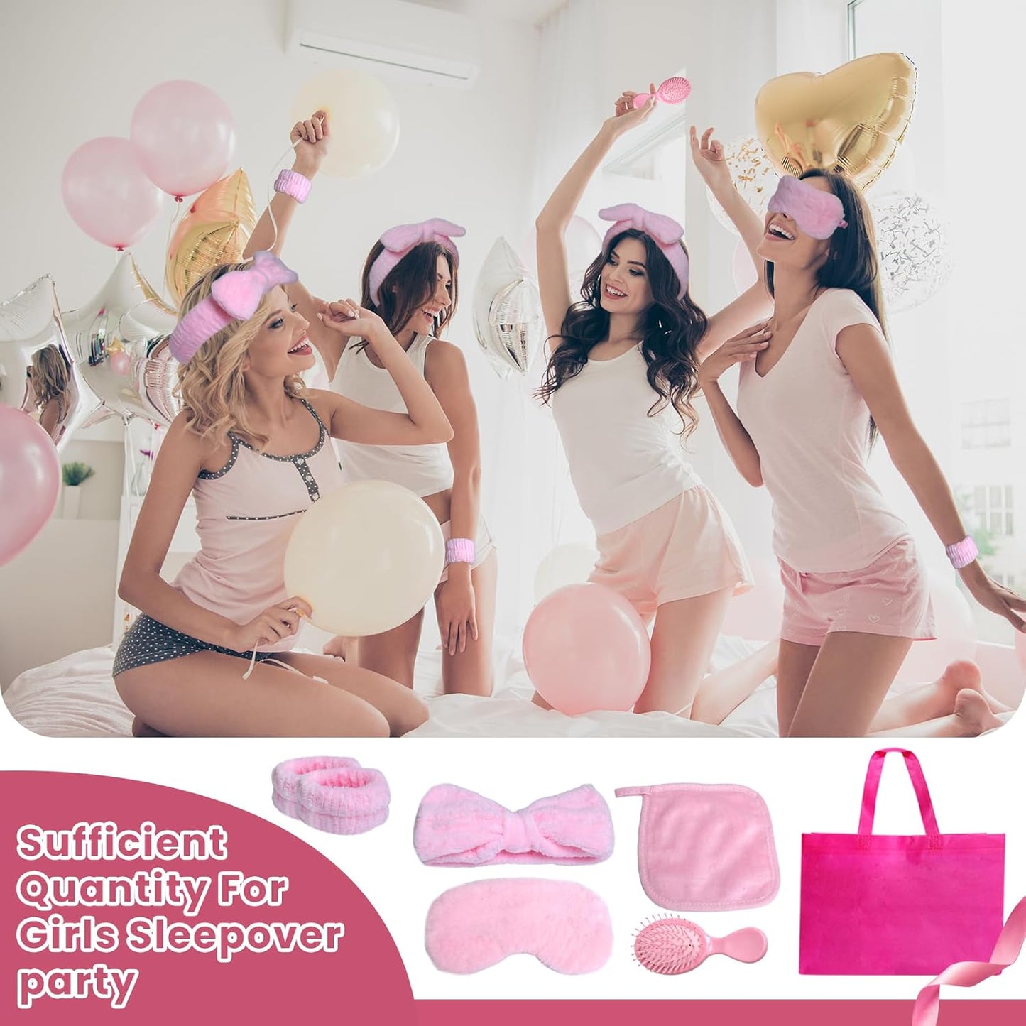 18 Pcs Sleepover Party Supplies for Girls, Sleepover Stuff Eye Mask Spa Headband Hair Scrunchie Tote Bag, Slumber Party Supplies for Women, Wash Cloths Hairbrush Sleeping Stuff Accessories (Pink)