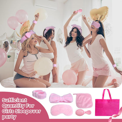 18 Pcs Sleepover Party Supplies for Girls, Sleepover Stuff Eye Mask Spa Headband Hair Scrunchie Tote Bag, Slumber Party Supplies for Women, Wash Cloths Hairbrush Sleeping Stuff Accessories (Pink)