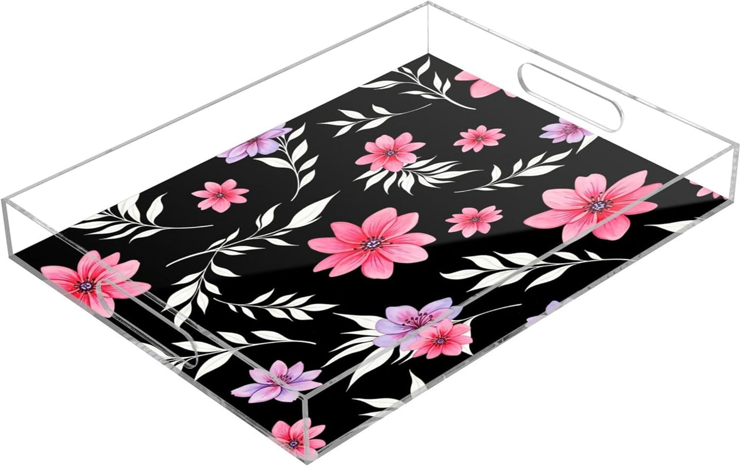 Pink Flowers Clear Serving Tray Organizer for Display, Acrylic Decorative Storage Tray with Handles for Living Room Coffee Table Bathroom 12x16 in