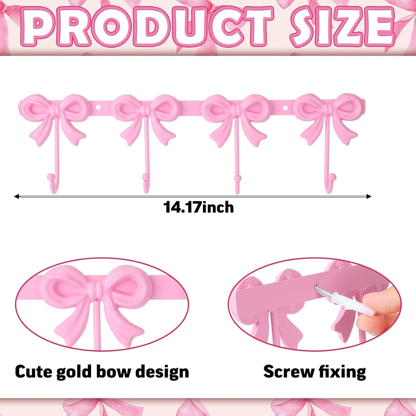 2 Pack Pink Bow Hooks Coat Rack Wall Mounted Metal 4 Hooks Coquette Bowknot Wall Hanger Nursery Bedroom Bathroom Living Room Kitchen Home Decor for Hanging Coats Hat Towels Purse Bag Keys
