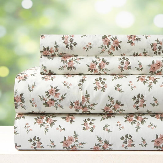 mixinni 100% Cotton Floral Sheet Set, 4 Piece Soft Breathable Pink Flower Bedding with 1 Deep Pocket Fitted Sheet, 1 Flat Sheet & 2 Bow Tie Pillowcases, Cottagecore Floral Bed Sheets for Queen Size